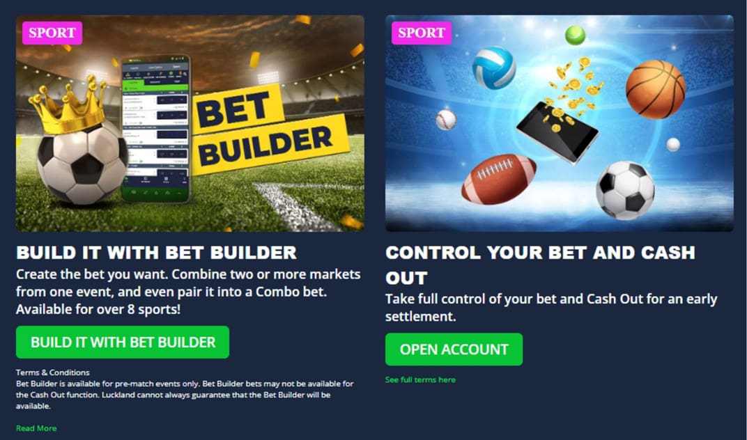 LuckLand cashout and bet builder promotions screenshot